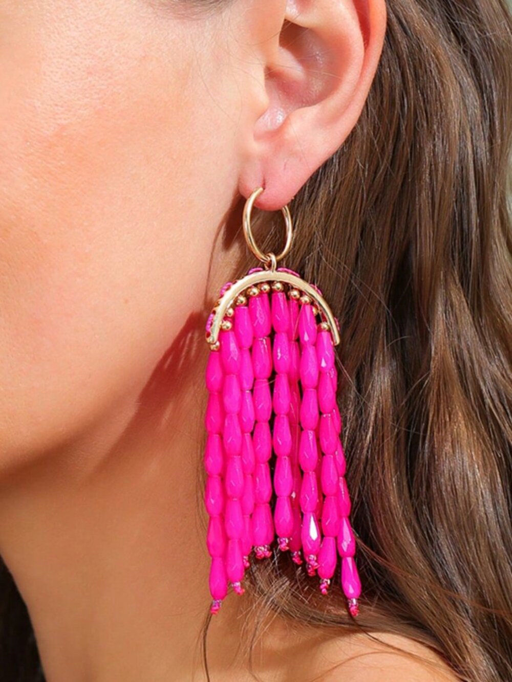 Hot Pink Elegant Women's Exaggerated beaded Tassel Fringe Earrings